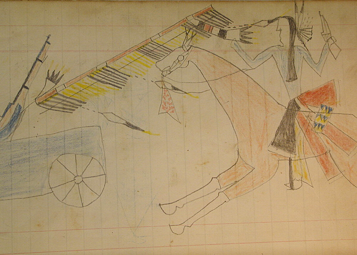 Maffet Ledger: Indian on horseback, soldier in wagon, Graphite, watercolor, and crayon on paper, Southern and Northern Cheyenne