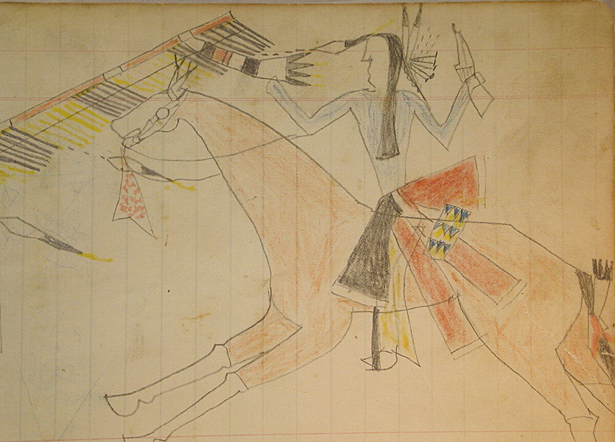 Maffet Ledger: Indian on horseback, soldier in wagon, Graphite, watercolor, and crayon on paper, Southern and Northern Cheyenne
