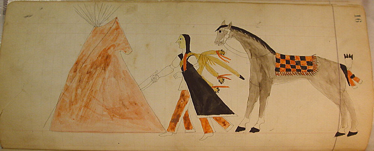 Maffet Ledger: Indian on horseback, soldier, Graphite, watercolor, and crayon on paper, Southern and Northern Cheyenne 