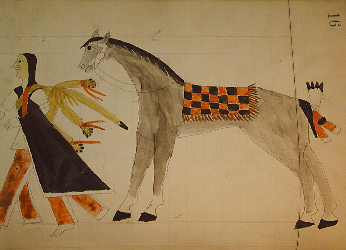 Maffet Ledger: Indian on horseback, soldier, Graphite, watercolor, and crayon on paper, Southern and Northern Cheyenne