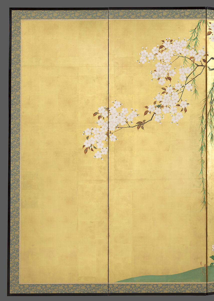Cherry and Maple Trees, Sakai Hōitsu (Japanese, 1761–1828), Pair of six-panel folding screens; ink, color, and gold leaf on paper, Japan
