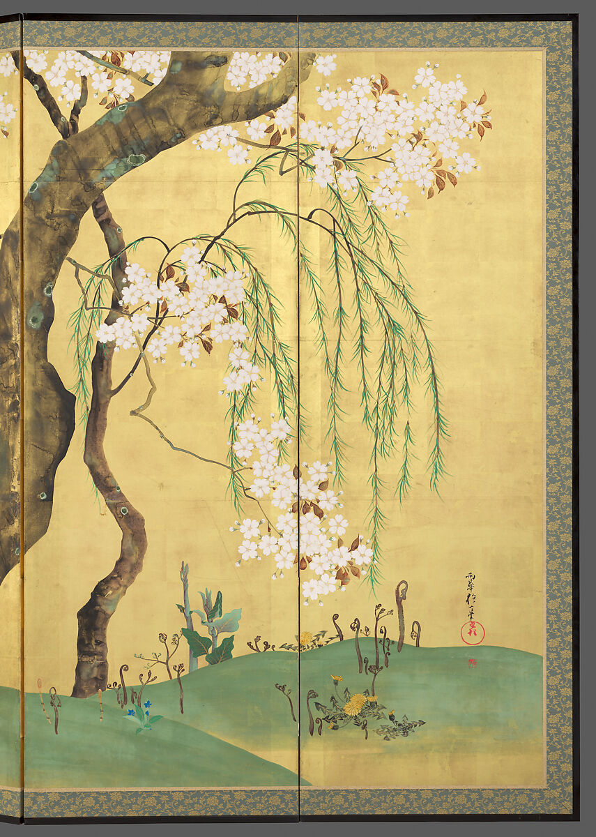 Cherry and Maple Trees, Sakai Hōitsu (Japanese, 1761–1828), Pair of six-panel folding screens; ink, color, and gold leaf on paper, Japan