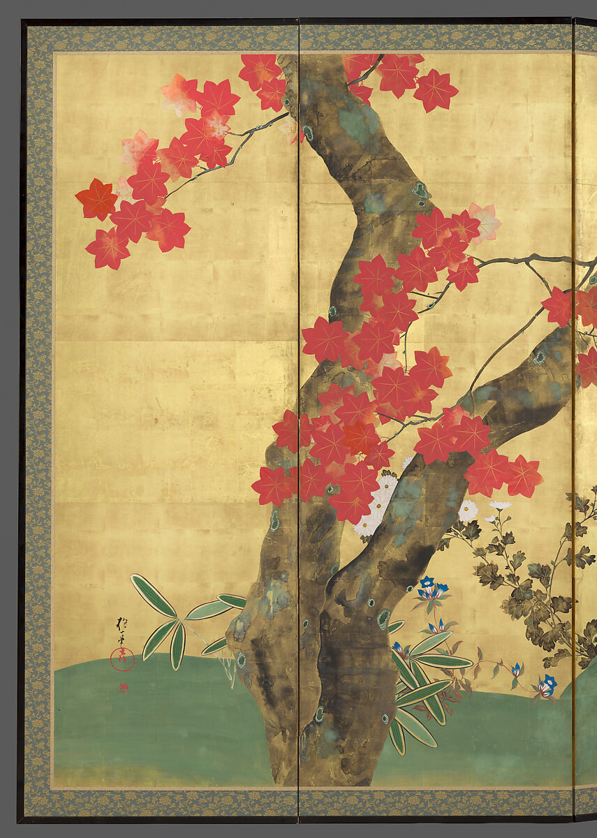 Cherry and Maple Trees, Sakai Hōitsu (Japanese, 1761–1828), Pair of six-panel folding screens; ink, color, and gold leaf on paper, Japan