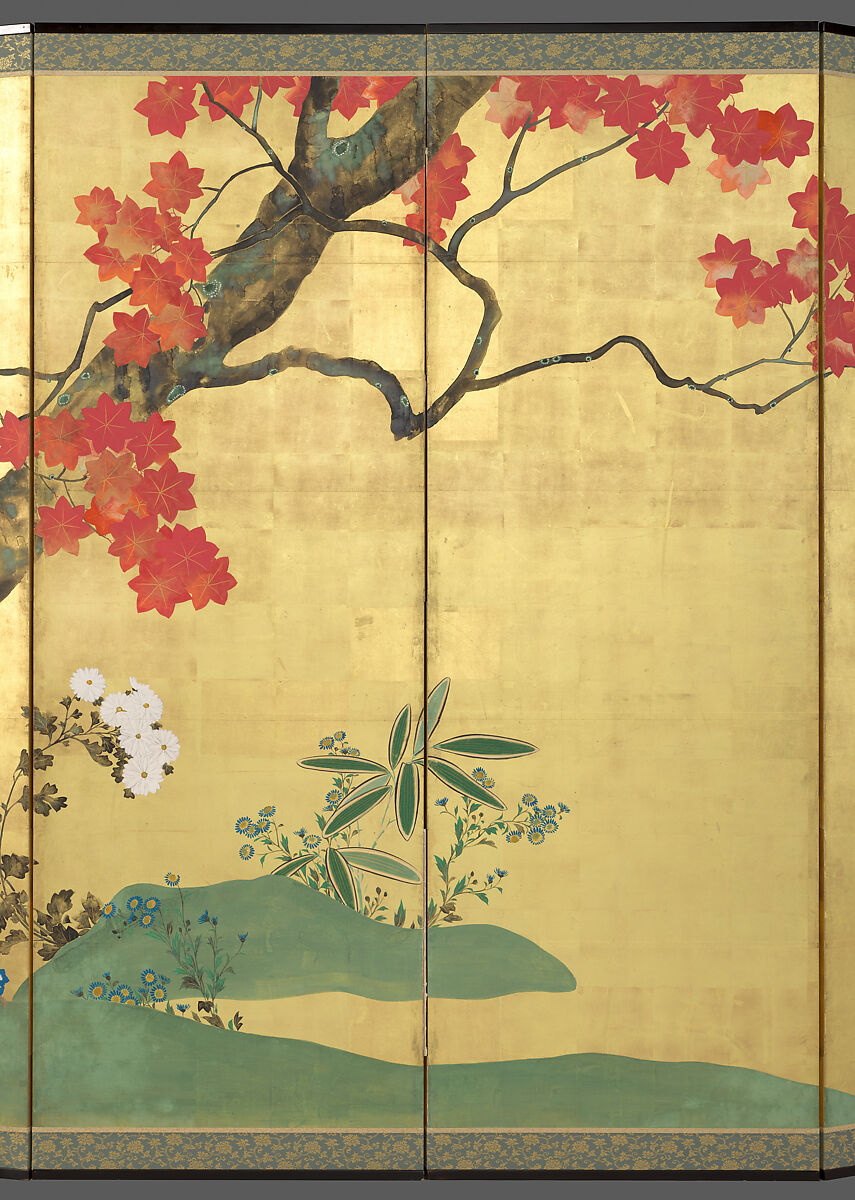 Cherry and Maple Trees, Sakai Hōitsu (Japanese, 1761–1828), Pair of six-panel folding screens; ink, color, and gold leaf on paper, Japan