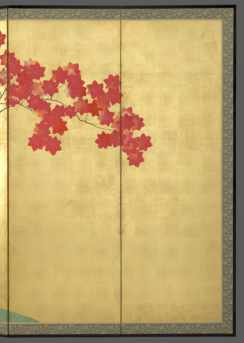 Cherry and Maple Trees, Sakai Hōitsu (Japanese, 1761–1828), Pair of six-panel folding screens; ink, color, and gold leaf on paper, Japan