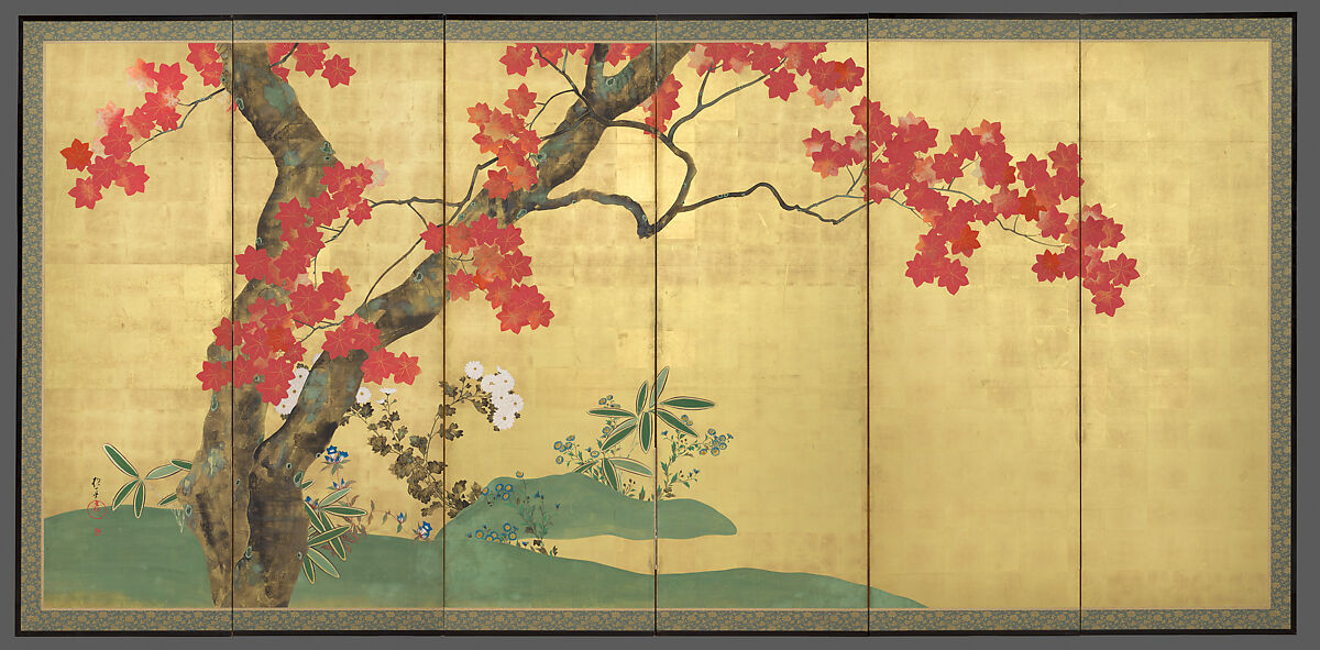 Cherry and Maple Trees, Sakai Hōitsu (Japanese, 1761–1828), Pair of six-panel folding screens; ink, color, and gold leaf on paper, Japan
