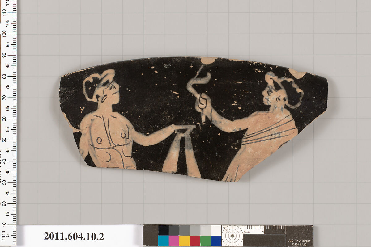 Terracotta rim fragment of a kylix (drinking cup), Terracotta, Etruscan 