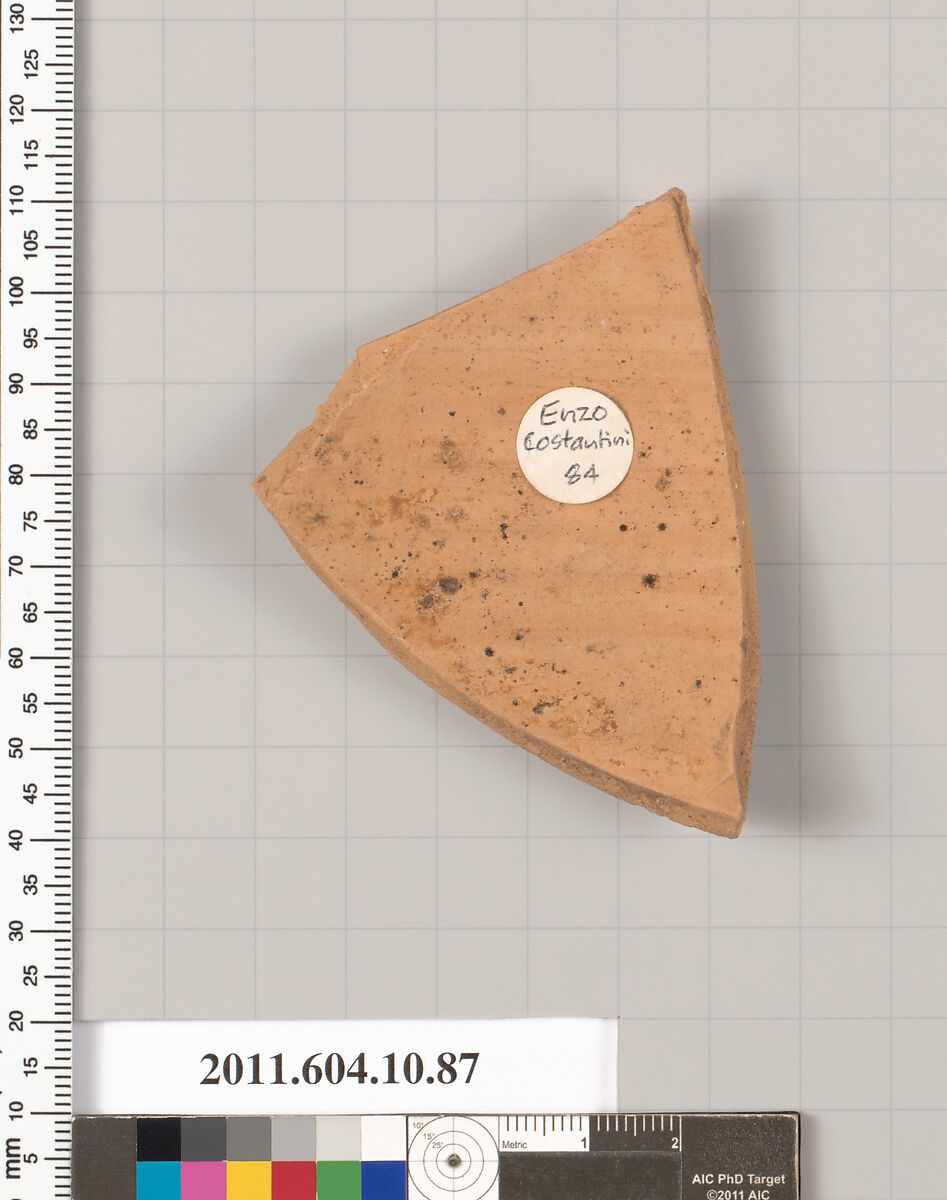 Terracotta fragment of a closed shape, Terracotta, Etruscan