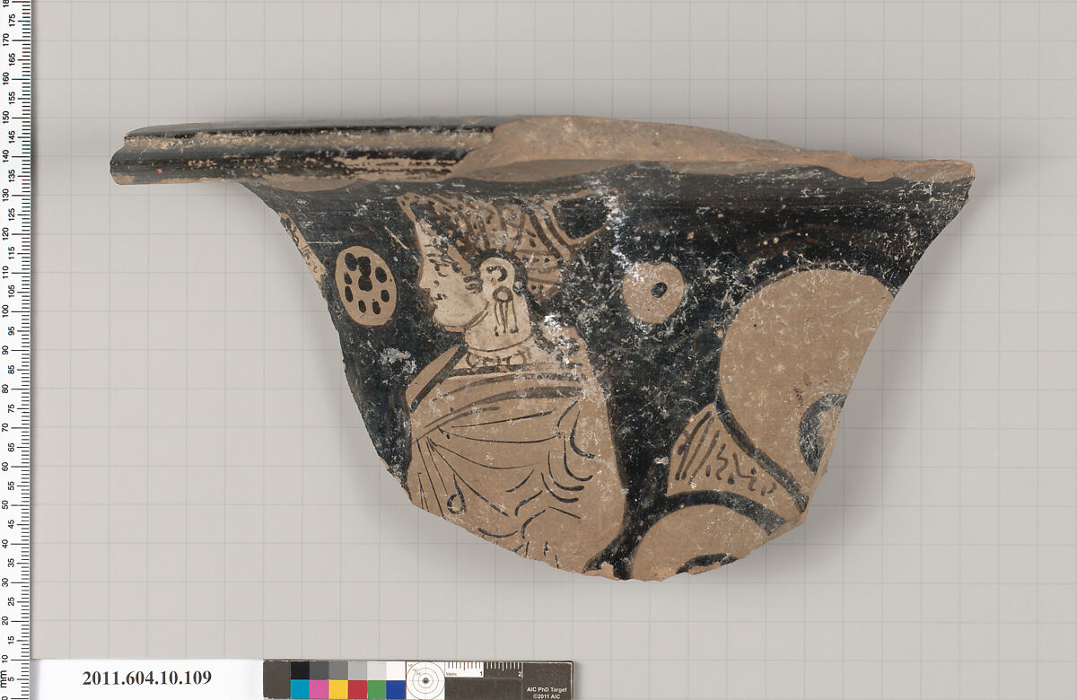 Terracotta fragment of a bell-krater (deep bowl), Terracotta, Etruscan 