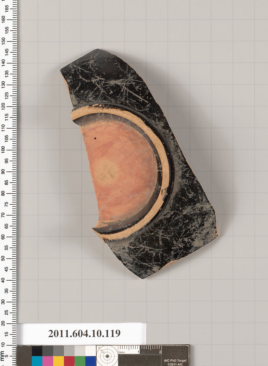 Terracotta fragment of a stemless kylix (drinking cup)?, Terracotta, Etruscan
