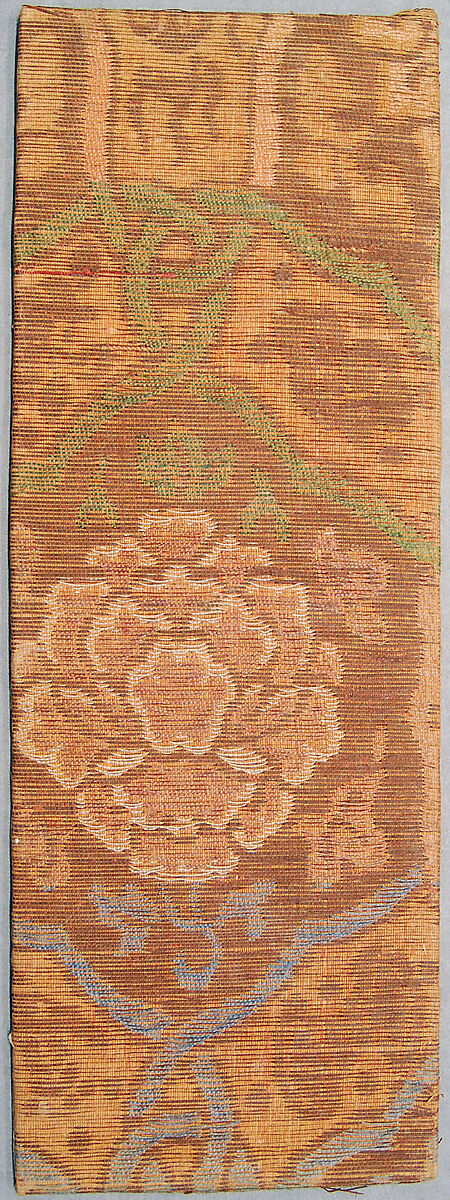 Sutra Cover with Peony and Auspicious Symbols in a Lattice, Silk and metallic(?) thread, China 
