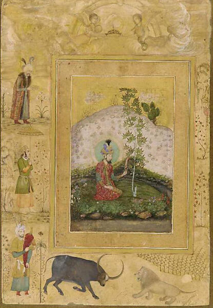 Humayan Seated in a Landscape with a Plane Tree, Admiring a Turban Ornament: Page from the Late Shah Jahan Album, Payag (Indian, active ca. 1591–1658), Opaque watercolor and gold on paper, India (Mughal court at Delhi) 