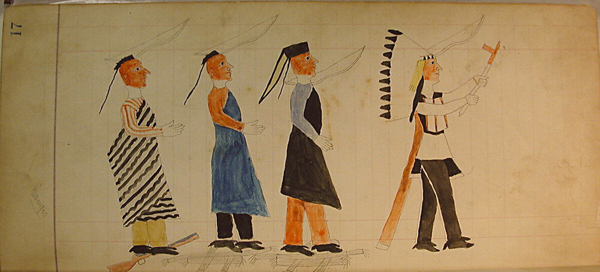 Maffet Ledger: Three indians following a chief, Graphite, watercolor, and crayon on paper, Southern and Northern Cheyenne 