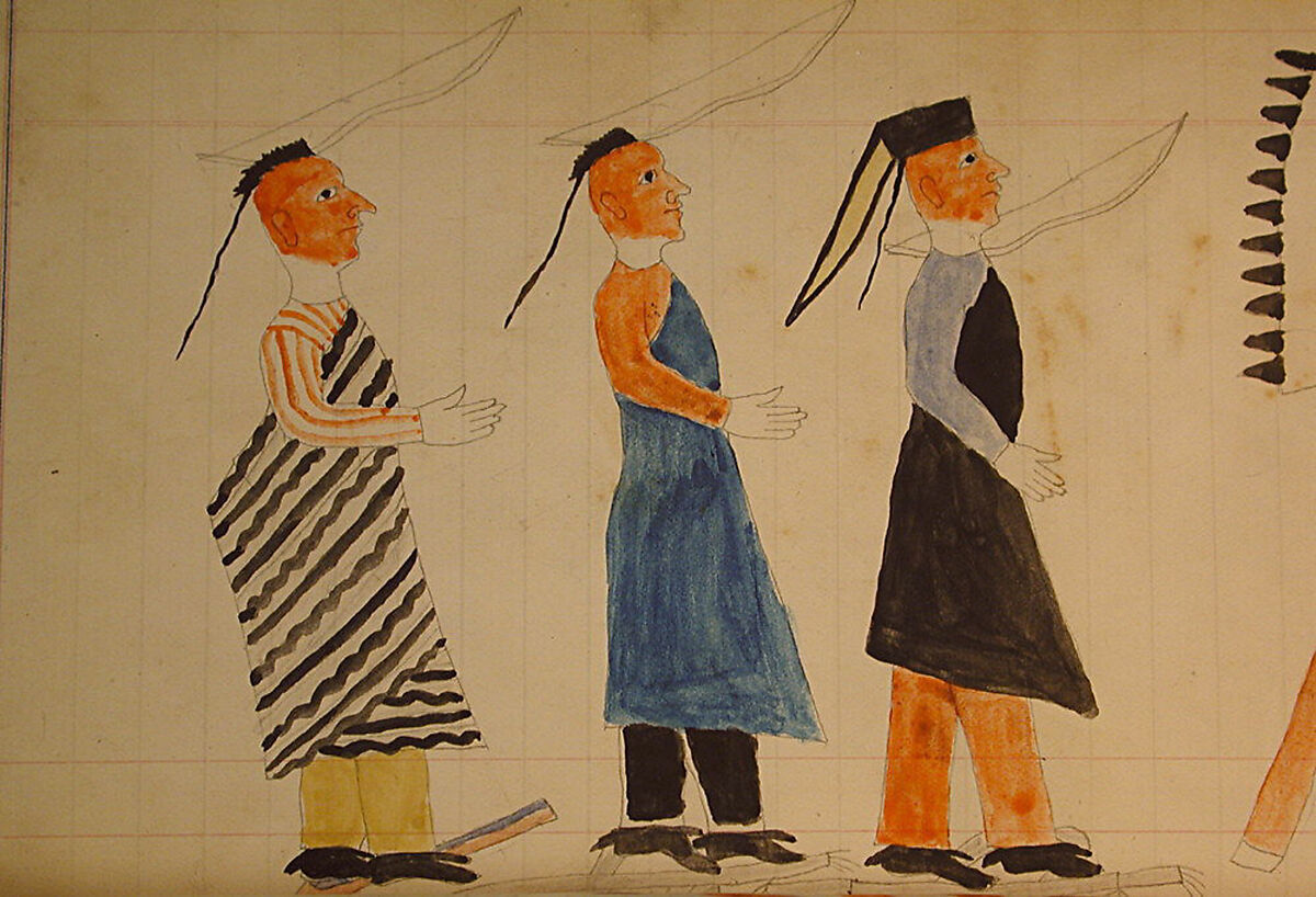 Maffet Ledger: Three indians following a chief, Graphite, watercolor, and crayon on paper, Southern and Northern Cheyenne