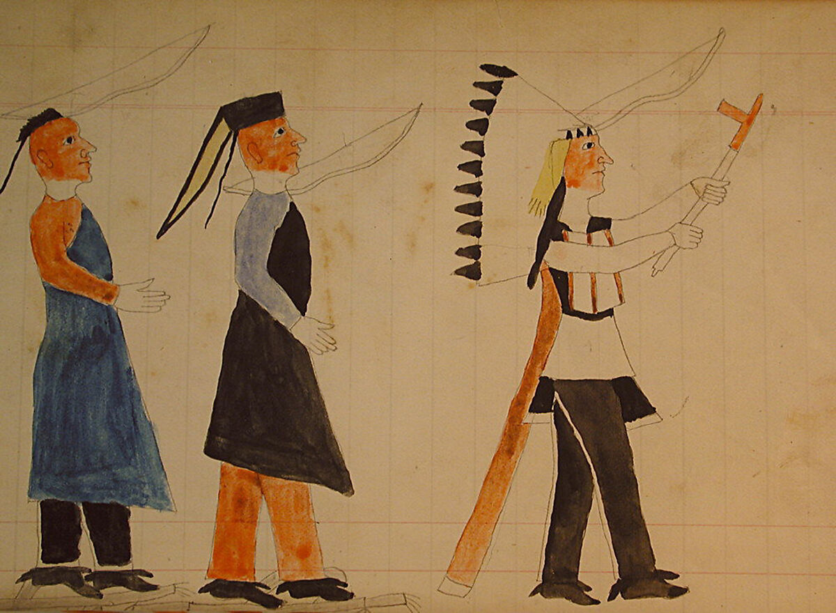 Maffet Ledger: Three indians following a chief, Graphite, watercolor, and crayon on paper, Southern and Northern Cheyenne