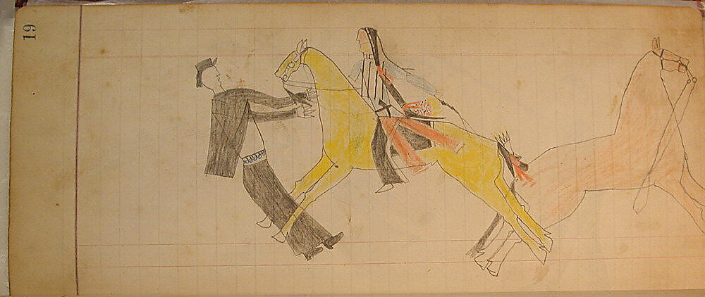 Maffet Ledger: Indian on horseback, dismounted soldier, Graphite, watercolor, and crayon on paper, Southern and Northern Cheyenne 