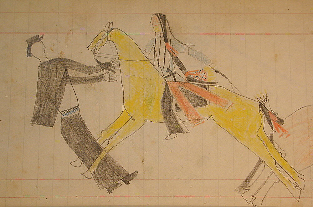 Maffet Ledger: Indian on horseback, dismounted soldier, Graphite, watercolor, and crayon on paper, Southern and Northern Cheyenne