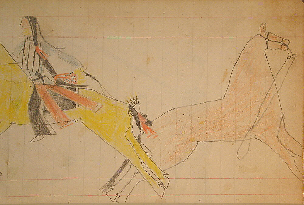 Maffet Ledger: Indian on horseback, dismounted soldier, Graphite, watercolor, and crayon on paper, Southern and Northern Cheyenne