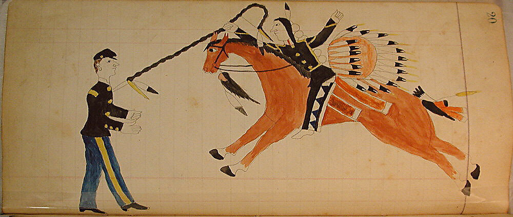 Maffet Ledger: Indian on horseback, soldier, Graphite, watercolor, and crayon on paper, Southern and Northern Cheyenne 