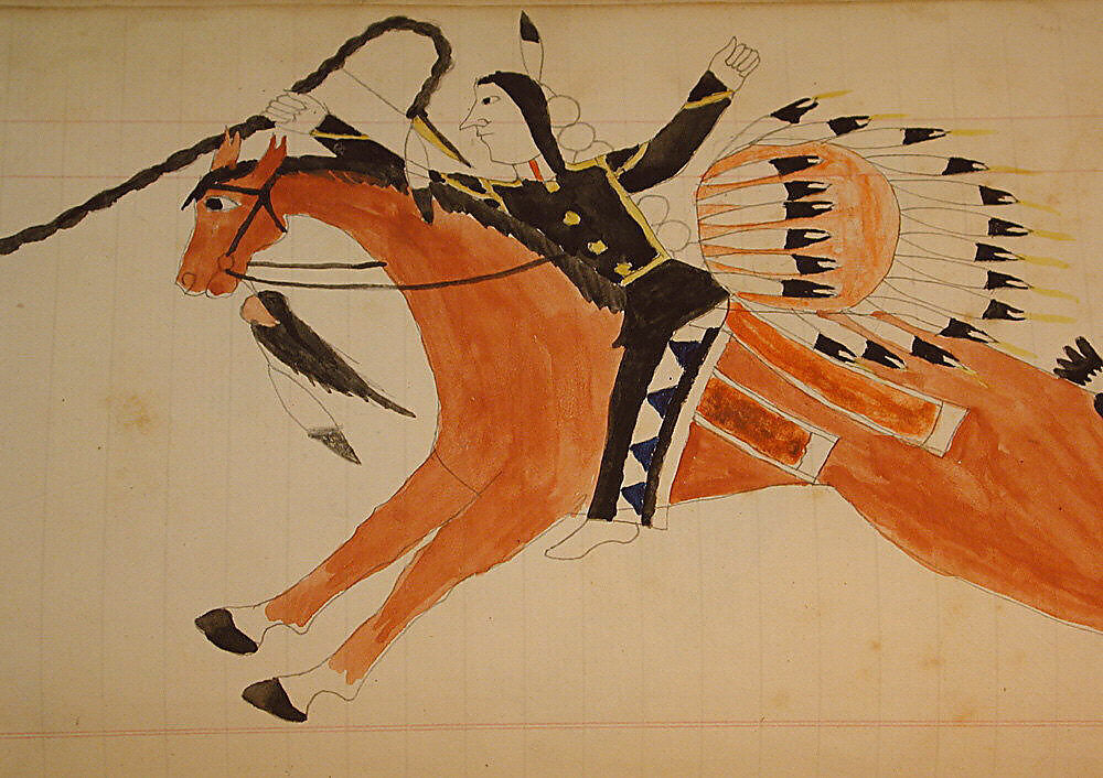 Maffet Ledger: Indian on horseback, soldier, Graphite, watercolor, and crayon on paper, Southern and Northern Cheyenne