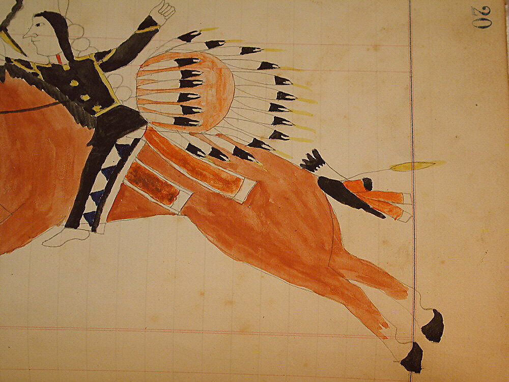 Maffet Ledger: Indian on horseback, soldier, Graphite, watercolor, and crayon on paper, Southern and Northern Cheyenne