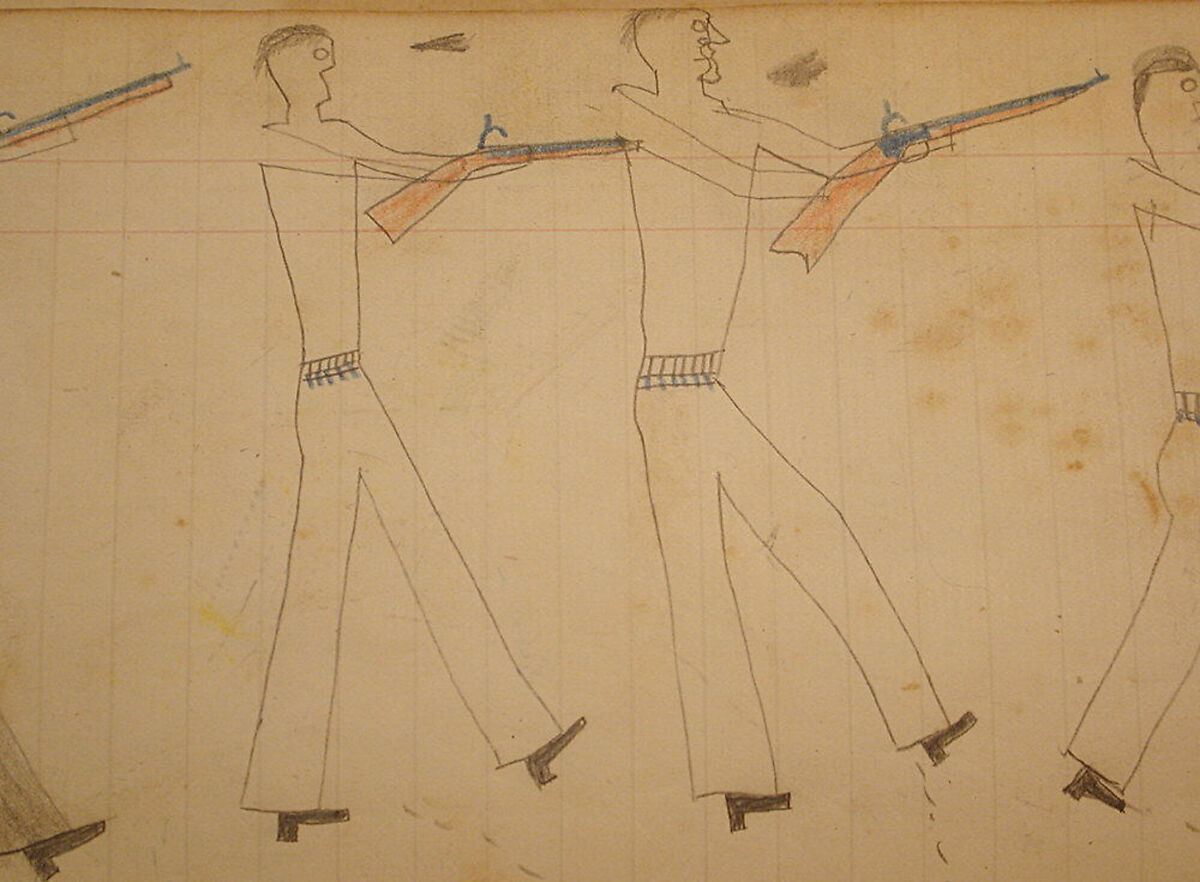 Maffet Ledger: Four men aiming guns, Graphite, watercolor, and crayon on paper, Southern and Northern Cheyenne