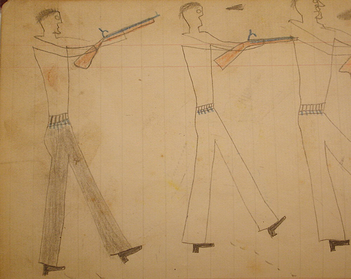 Maffet Ledger: Four men aiming guns, Graphite, watercolor, and crayon on paper, Southern and Northern Cheyenne