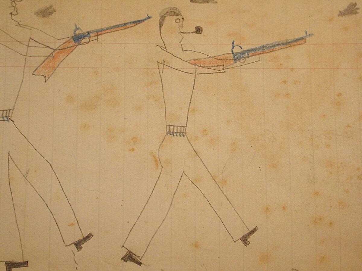Maffet Ledger: Four men aiming guns, Graphite, watercolor, and crayon on paper, Southern and Northern Cheyenne