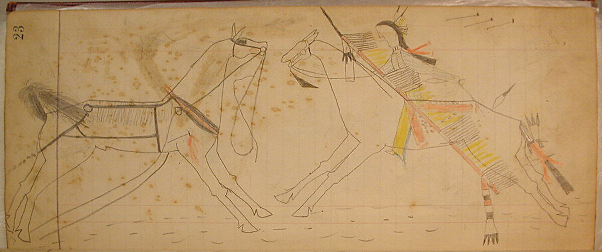 Maffet Ledger: Indian and two horses, Graphite, watercolor, and crayon on paper, Southern and Northern Cheyenne 