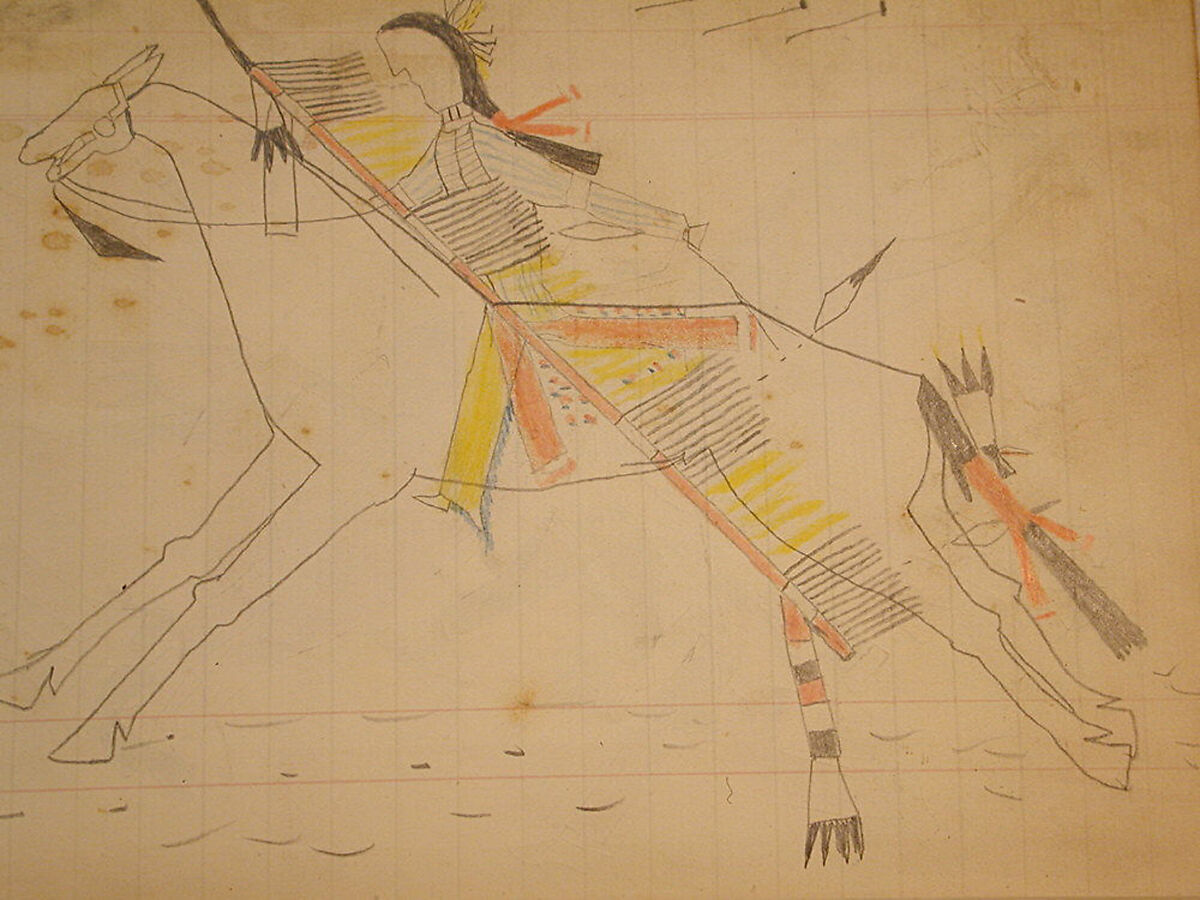 Maffet Ledger: Indian and two horses, Graphite, watercolor, and crayon on paper, Southern and Northern Cheyenne