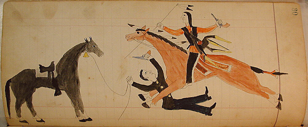 Maffet Ledger: Indian on horseback, man dismounted, Graphite, watercolor, and crayon on paper, Southern and Northern Cheyenne 