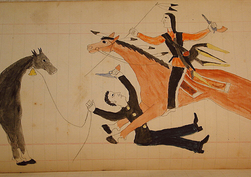 Maffet Ledger: Indian on horseback, man dismounted, Graphite, watercolor, and crayon on paper, Southern and Northern Cheyenne