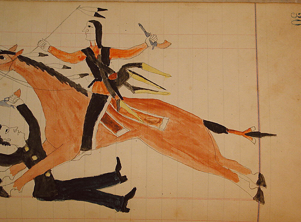 Maffet Ledger: Indian on horseback, man dismounted, Graphite, watercolor, and crayon on paper, Southern and Northern Cheyenne