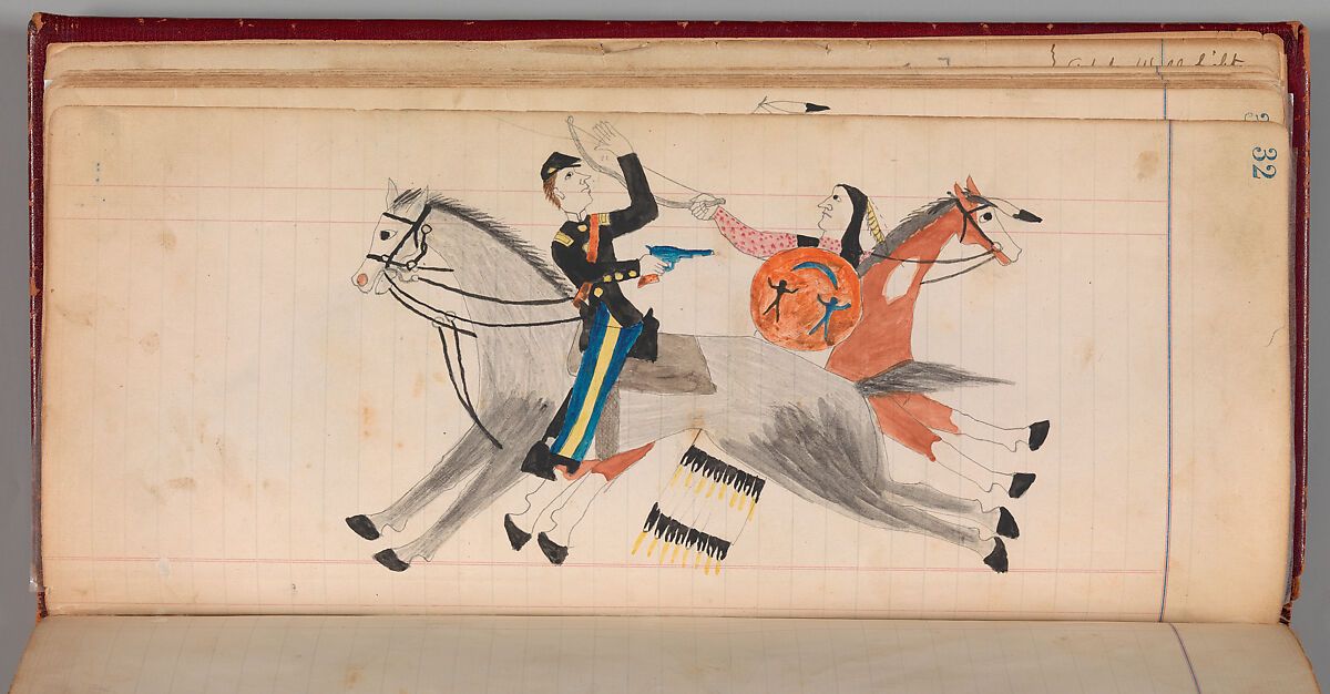 Maffet Ledger: Indian and soldier on horseback, Graphite, watercolor, and crayon on paper, Southern and Northern Cheyenne 