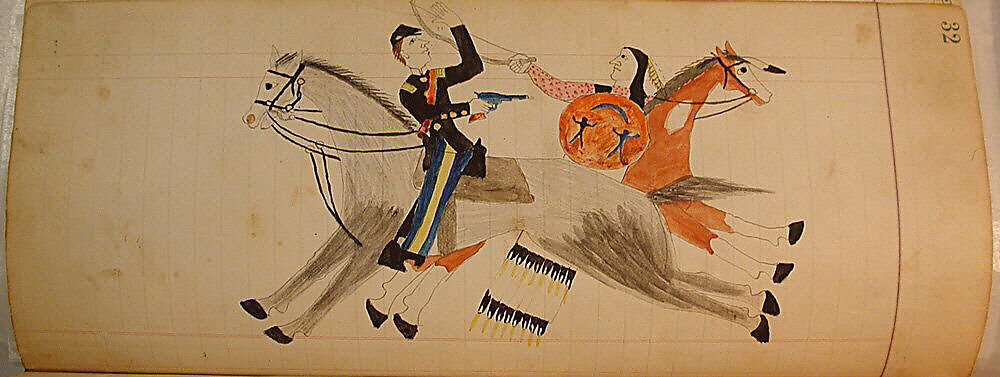 Maffet Ledger: Indian and soldier on horseback, Graphite, watercolor, and crayon on paper, Southern and Northern Cheyenne