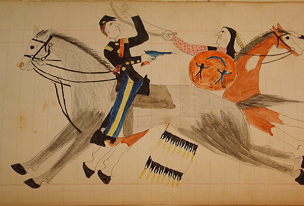 Maffet Ledger: Indian and soldier on horseback, Graphite, watercolor, and crayon on paper, Southern and Northern Cheyenne