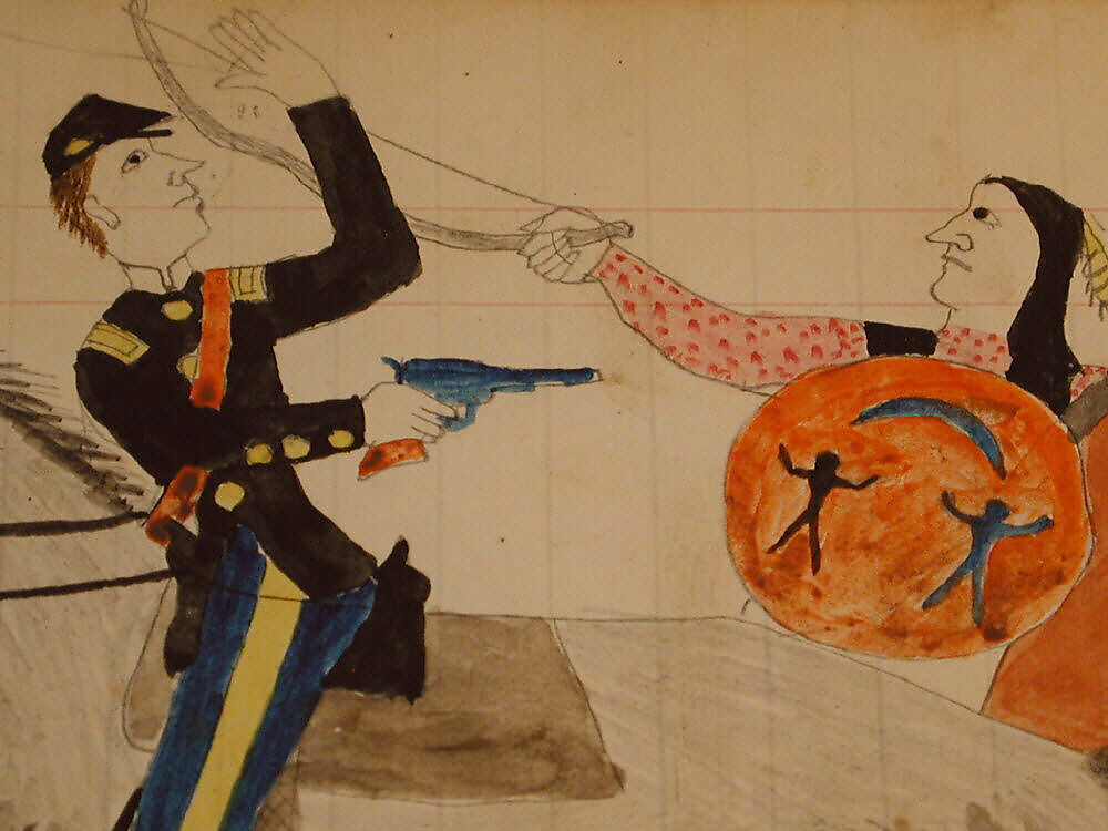 Maffet Ledger: Indian and soldier on horseback, Graphite, watercolor, and crayon on paper, Southern and Northern Cheyenne