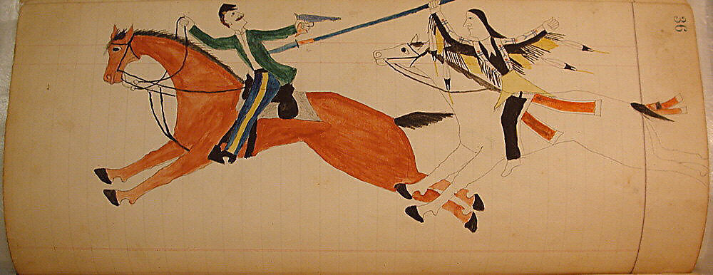 Maffet Ledger: Indian and soldier on horseback, Graphite, watercolor, and crayon on paper, Southern and Northern Cheyenne 