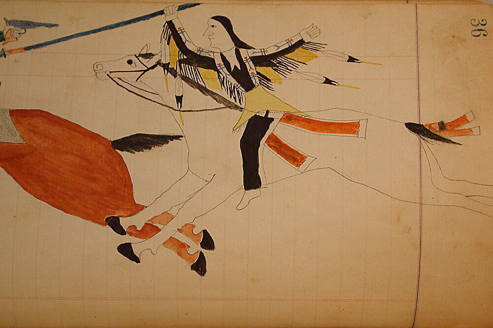 Maffet Ledger: Indian and soldier on horseback, Graphite, watercolor, and crayon on paper, Southern and Northern Cheyenne