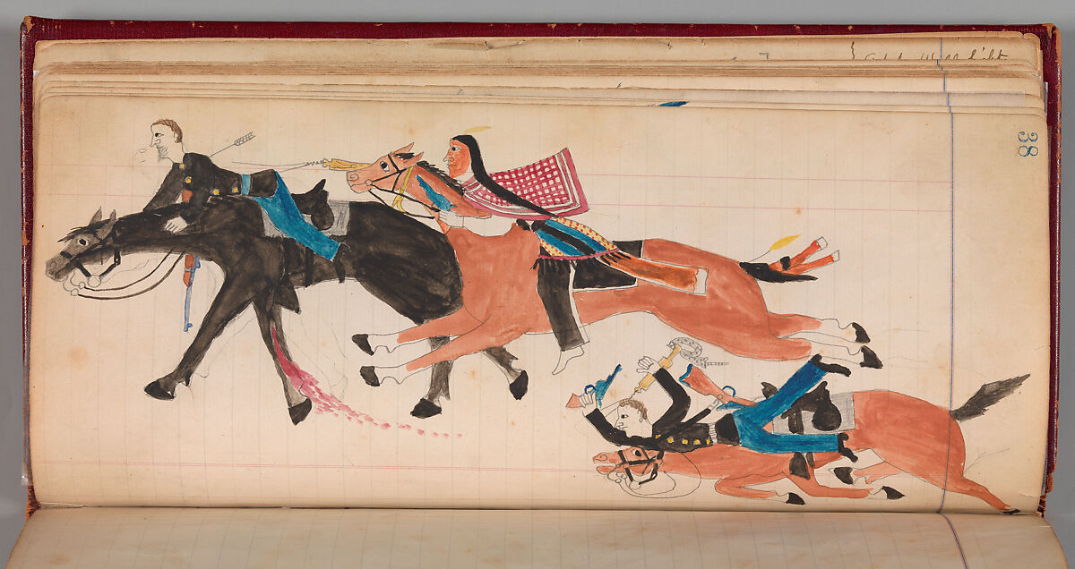 Maffet Ledger: Indian and soldier on horseback, soldier, horse wounded, Graphite, watercolor, and crayon on paper, Southern and Northern Cheyenne 