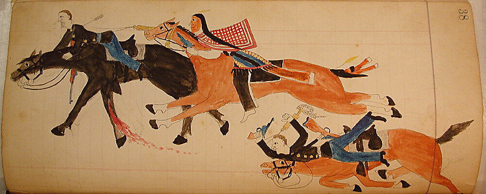 Maffet Ledger: Indian and soldier on horseback, soldier, horse wounded, Graphite, watercolor, and crayon on paper, Southern and Northern Cheyenne