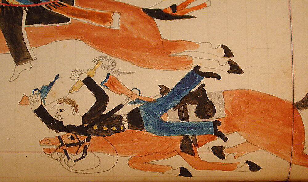 Maffet Ledger: Indian and soldier on horseback, soldier, horse wounded, Graphite, watercolor, and crayon on paper, Southern and Northern Cheyenne