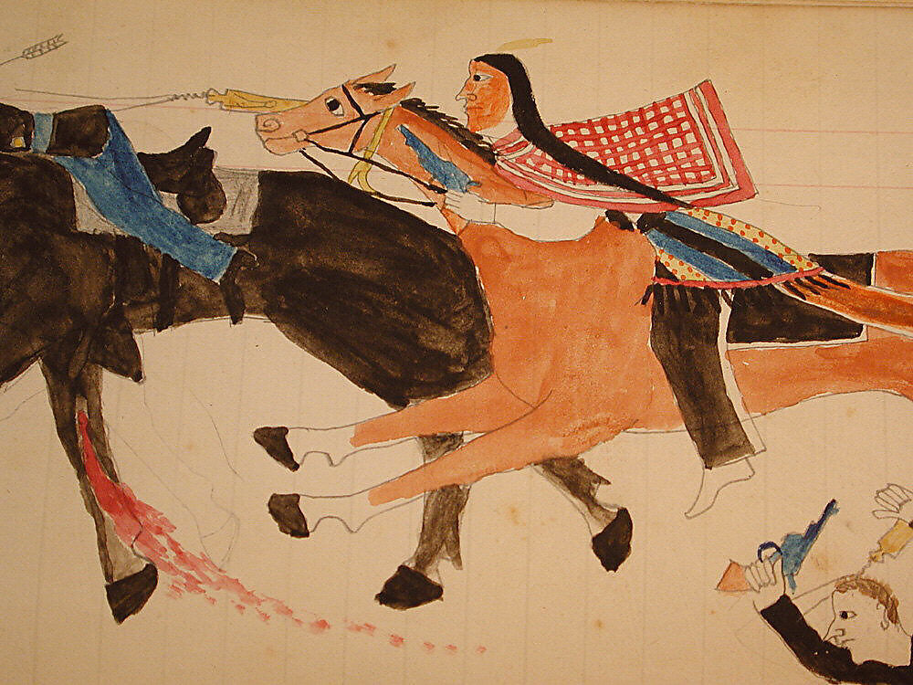 Maffet Ledger: Indian and soldier on horseback, soldier, horse wounded, Graphite, watercolor, and crayon on paper, Southern and Northern Cheyenne