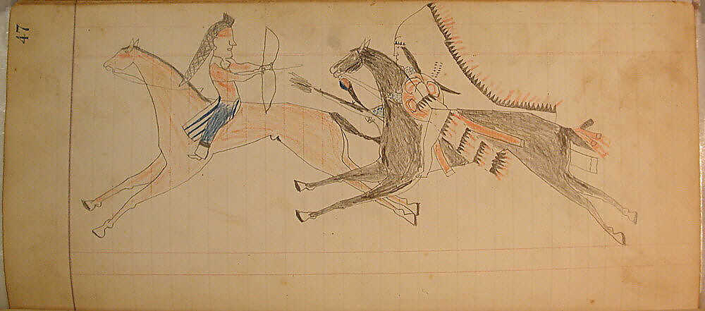 Maffet Ledger: Two Indians on horseback, Graphite, watercolor, and crayon on paper, Southern and Northern Cheyenne 