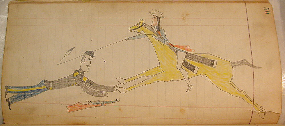Maffet Ledger: Indian on horseback, fallen soldier, Graphite, watercolor, and crayon on paper, Southern and Northern Cheyenne 