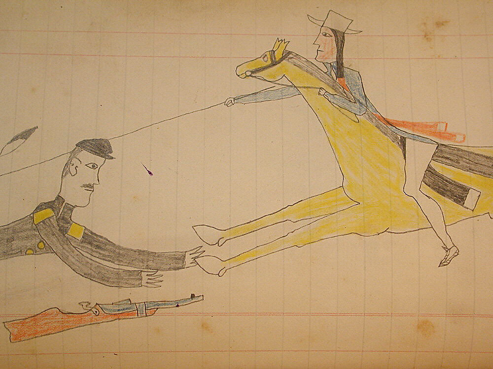 Maffet Ledger: Indian on horseback, fallen soldier, Graphite, watercolor, and crayon on paper, Southern and Northern Cheyenne