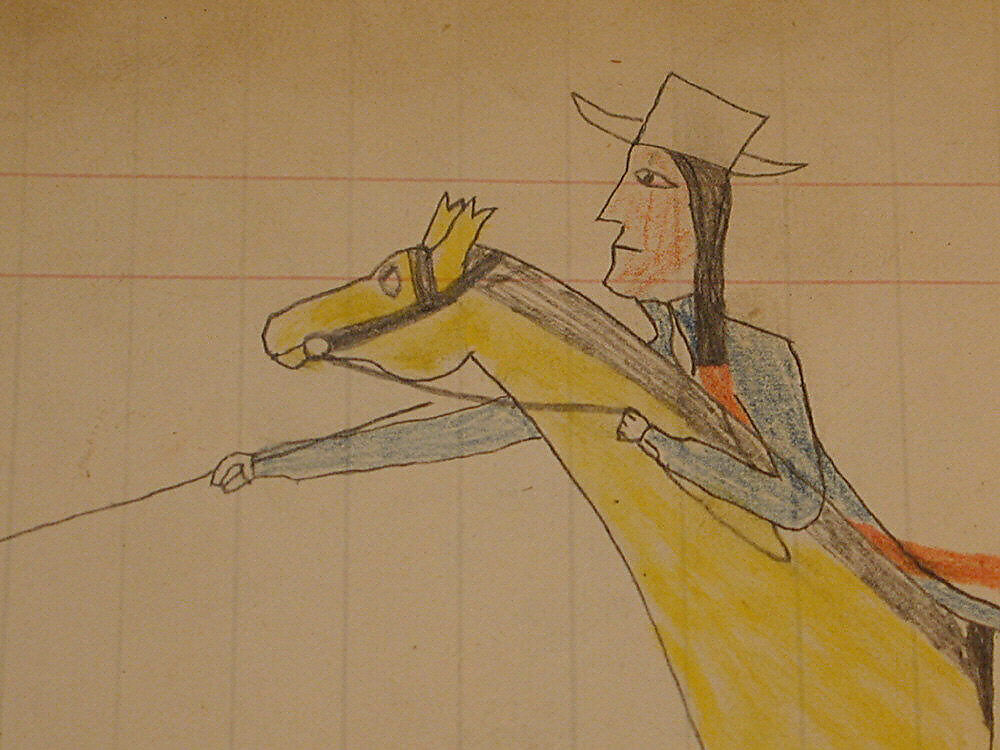 Maffet Ledger: Indian on horseback, fallen soldier, Graphite, watercolor, and crayon on paper, Southern and Northern Cheyenne