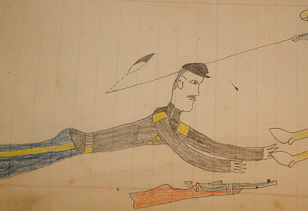 Maffet Ledger: Indian on horseback, fallen soldier, Graphite, watercolor, and crayon on paper, Southern and Northern Cheyenne
