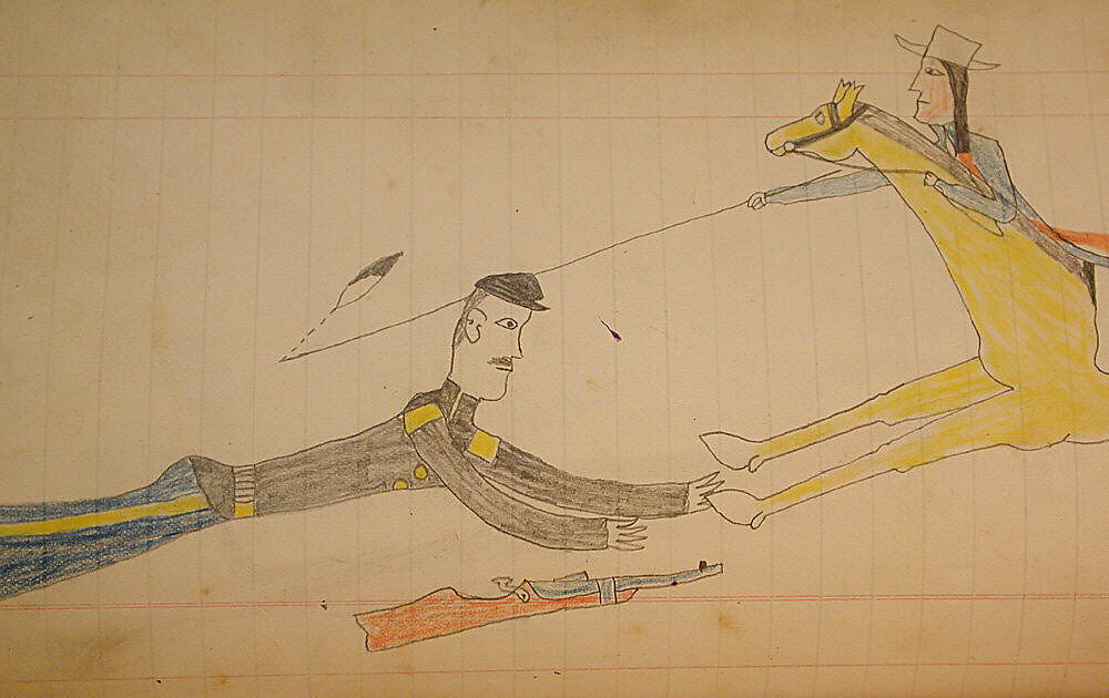 Maffet Ledger: Indian on horseback, fallen soldier, Graphite, watercolor, and crayon on paper, Southern and Northern Cheyenne