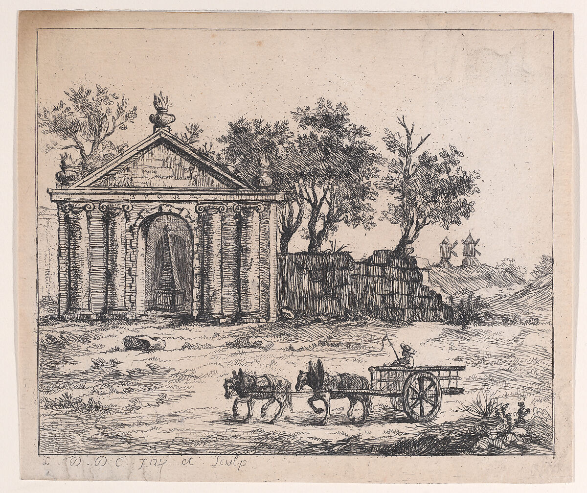 Landscape with Roman Temple and Wagon, Louis Philippe Joseph, duc de Chartres (French, 1726–1785), Etching 